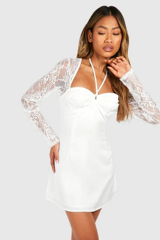 BOOHOO Satin Lace Sleeve Mini Dress 3 BOOHOO Satin Lace Sleeve Mini Dress - Image 3