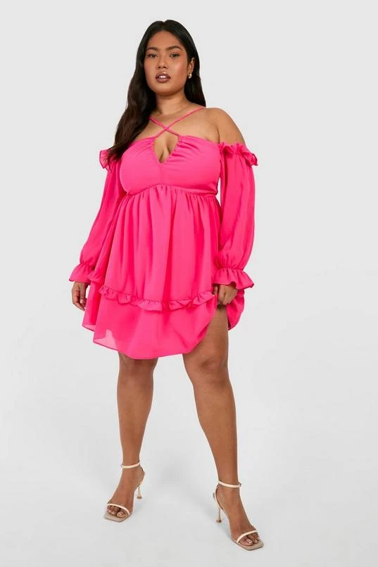 BOOHOO Plus Chiffon Cross Neck Detail Skater Dress 3 BOOHOO Plus Chiffon Cross Neck Detail Skater Dress - Image 3