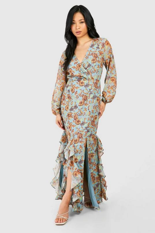 BOOHOO Petite Floral Print Ruffle Wrap Maxi Dress 1 BOOHOO Petite Floral Print Ruffle Wrap Maxi Dress