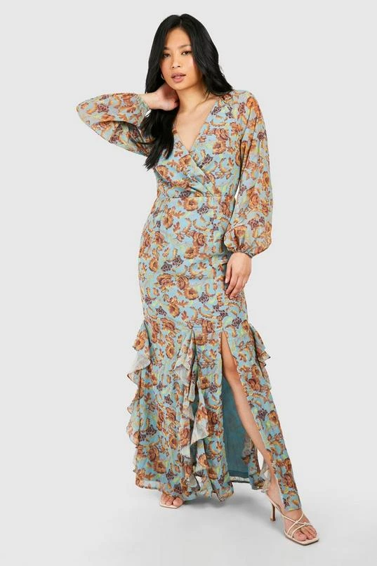 BOOHOO Petite Floral Print Ruffle Wrap Maxi Dress 3 BOOHOO Petite Floral Print Ruffle Wrap Maxi Dress - Image 3