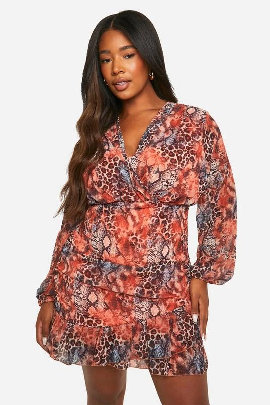 BOOHOO Plus Chiffon Leopard Ruffle Wrap Dress 1 BOOHOO Plus Chiffon Leopard Ruffle Wrap Dress