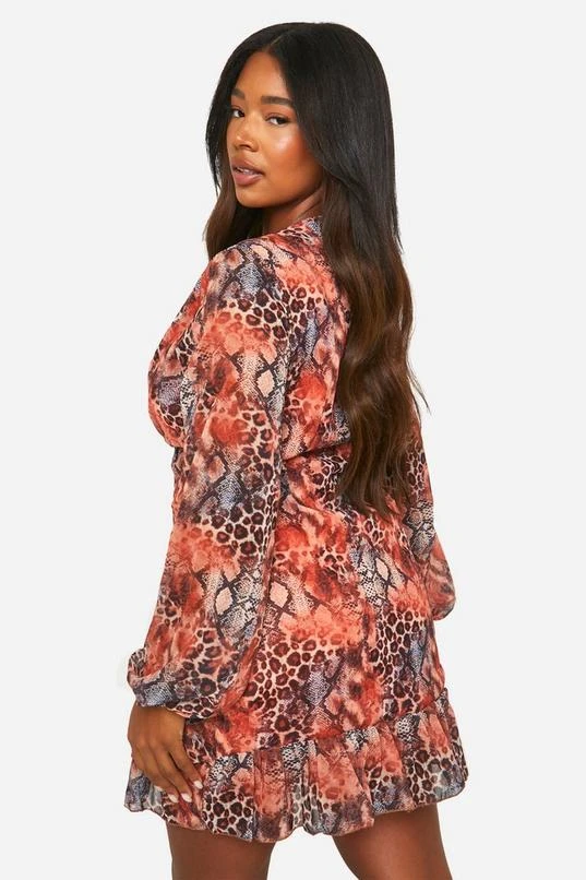 BOOHOO Plus Chiffon Leopard Ruffle Wrap Dress 2 BOOHOO Plus Chiffon Leopard Ruffle Wrap Dress - Image 2