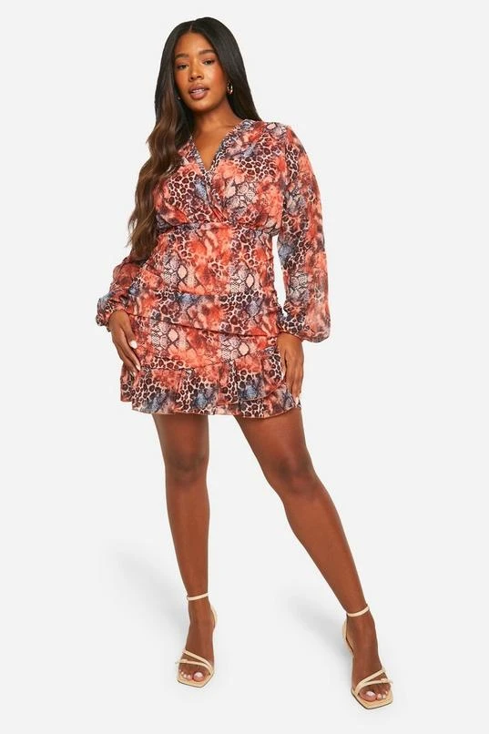 BOOHOO Plus Chiffon Leopard Ruffle Wrap Dress 3 BOOHOO Plus Chiffon Leopard Ruffle Wrap Dress - Image 3