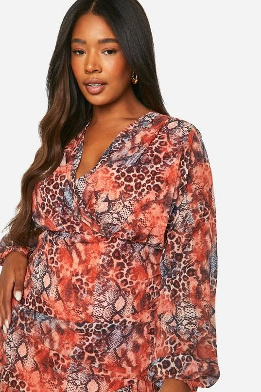 BOOHOO Plus Chiffon Leopard Ruffle Wrap Dress 4 BOOHOO Plus Chiffon Leopard Ruffle Wrap Dress - Image 4