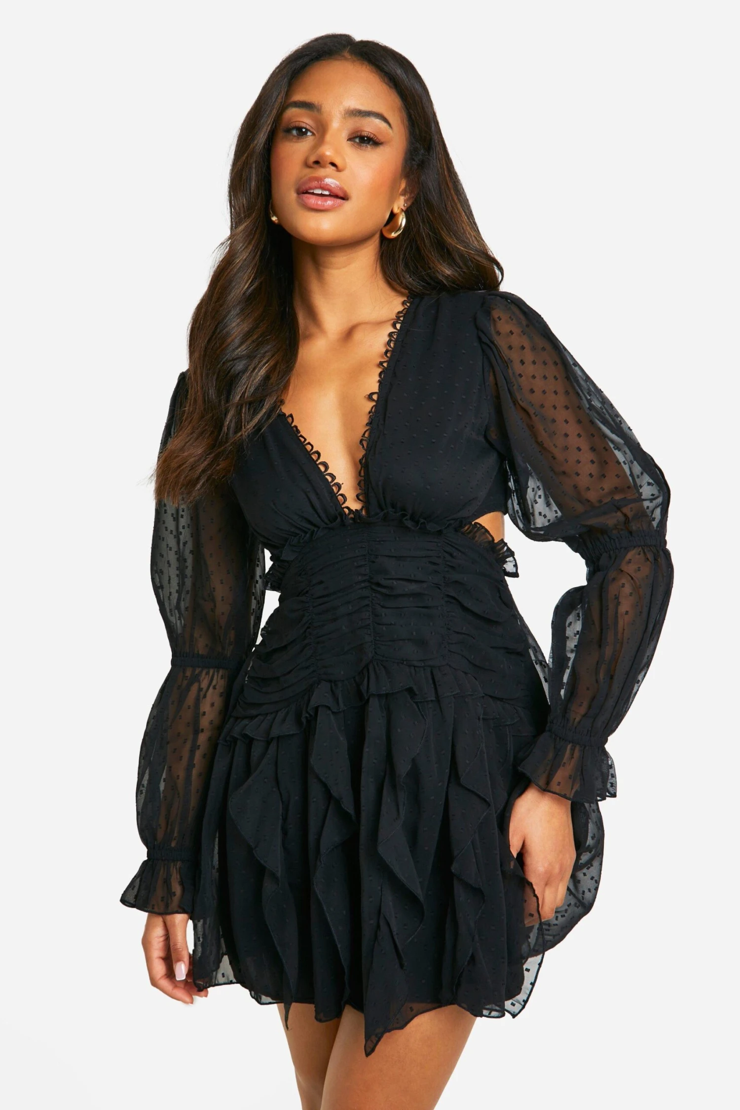 BOOHOO Dobby Ruffle Cut Out Mini Dress 5 BOOHOO Dobby Ruffle Cut Out Mini Dress - Image 5