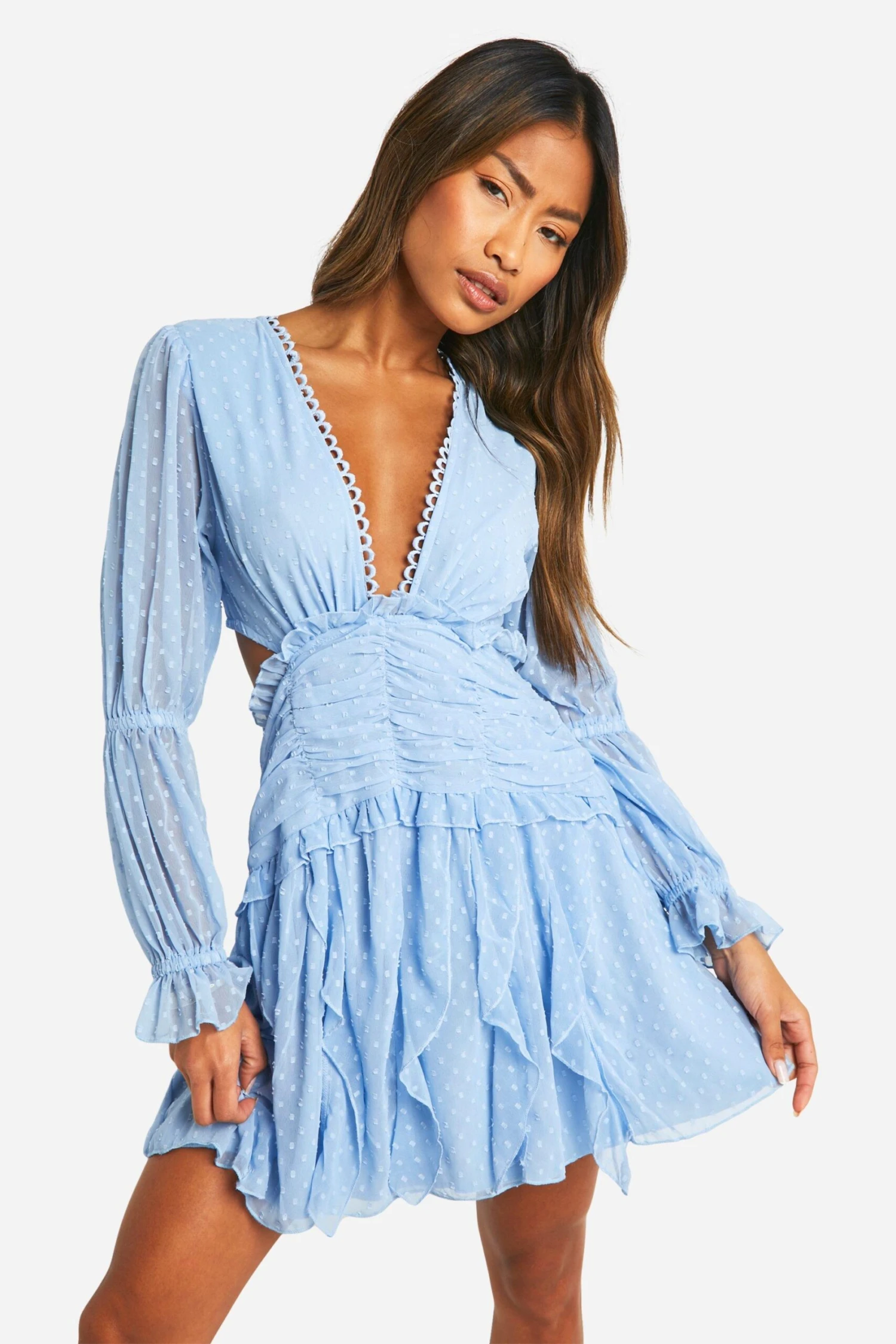 BOOHOO Dobby Ruffle Cut Out Mini Dress 6 BOOHOO Dobby Ruffle Cut Out Mini Dress - Image 6