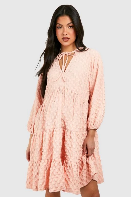 BOOHOO Maternity Textured Tiered V Neck Smock Dress