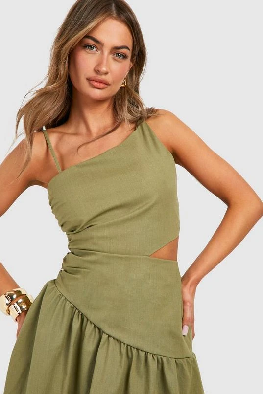 BOOHOO Linen Look Cut Out Asymmetric Midaxi Dress 4 BOOHOO Linen Look Cut Out Asymmetric Midaxi Dress - Image 4