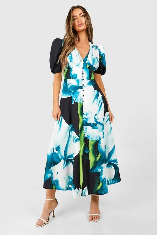 BOOHOO Floral Puff Sleeve Button Through Midi Dress 3 BOOHOO Floral Puff Sleeve Button Through Midi Dress - Image 3