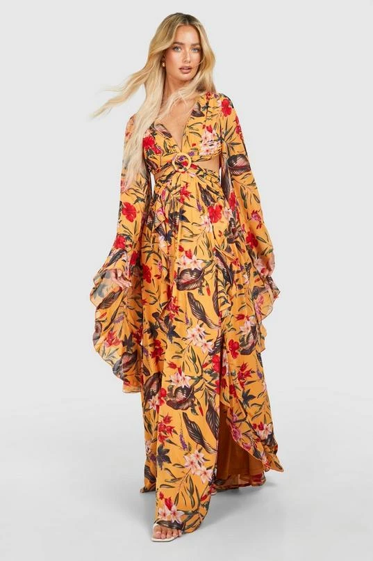 BOOHOO Tropical Floral Chiffon Print Cut Out Maxi Dress 1 BOOHOO Tropical Floral Chiffon Print Cut Out Maxi Dress