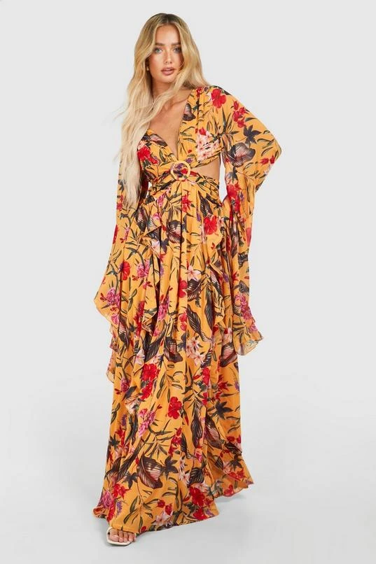BOOHOO Tropical Floral Chiffon Print Cut Out Maxi Dress 3 BOOHOO Tropical Floral Chiffon Print Cut Out Maxi Dress - Image 3
