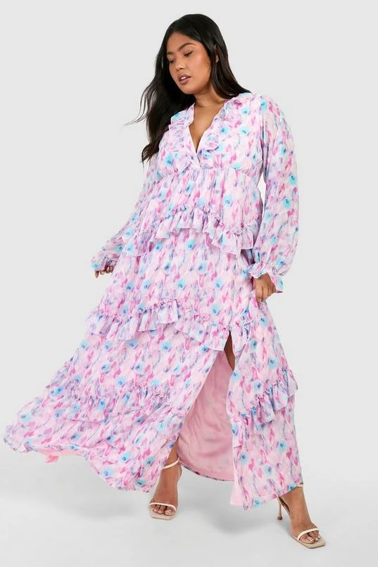 BOOHOO Plus Blurred Floral Ruffle Maxi Dress 3 BOOHOO Plus Blurred Floral Ruffle Maxi Dress - Image 3