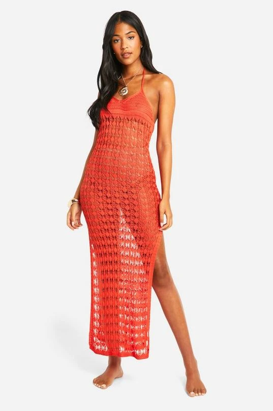 BOOHOO Tall Crochet Knitted Halterneck Beach Midaxi Dress 1 BOOHOO Tall Crochet Knitted Halterneck Beach Midaxi Dress
