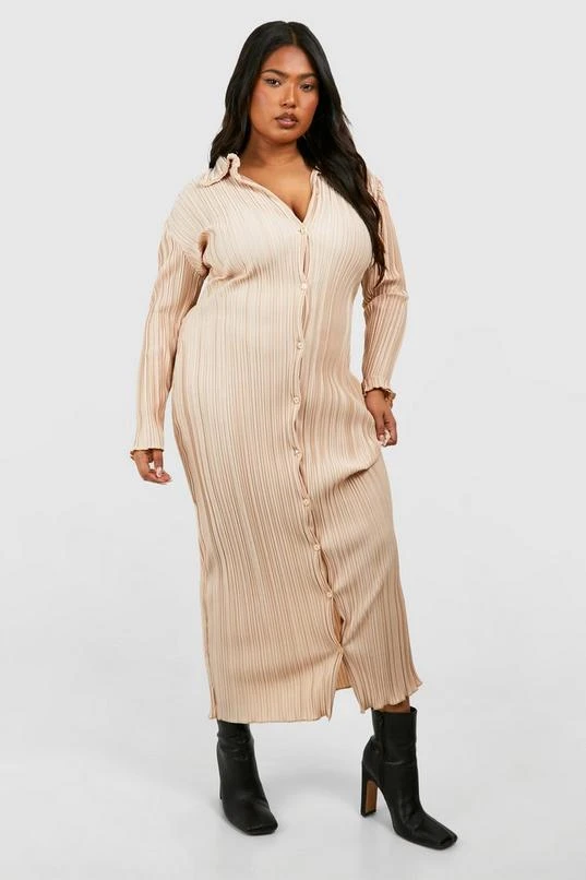 BOOHOO Plus Wide Plisse Midi Shirt Dress 3 BOOHOO Plus Wide Plisse Midi Shirt Dress - Image 3