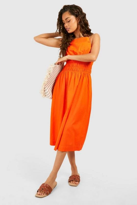 BOOHOO Strappy Linen Look Shirred Waist Midi Dress 1 BOOHOO Strappy Linen Look Shirred Waist Midi Dress