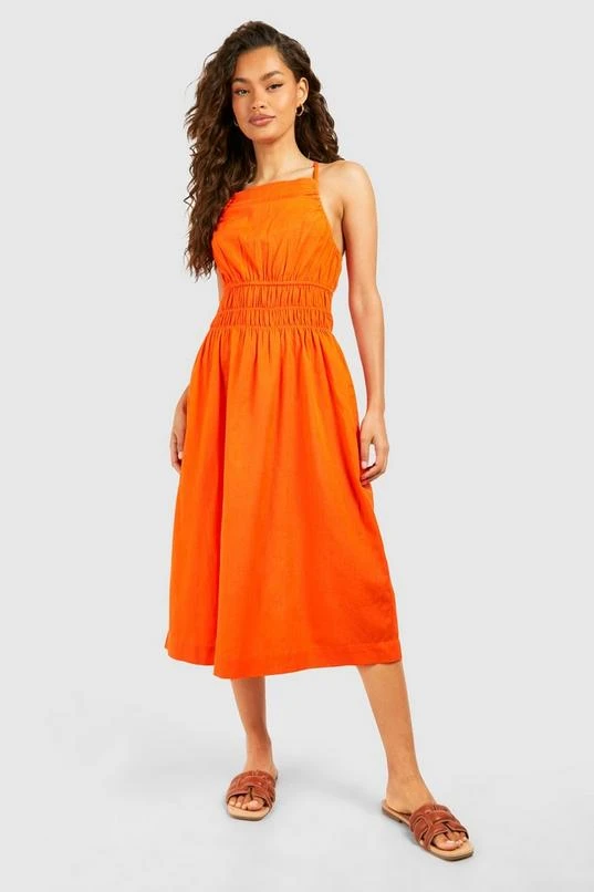 BOOHOO Strappy Linen Look Shirred Waist Midi Dress 3 BOOHOO Strappy Linen Look Shirred Waist Midi Dress - Image 3