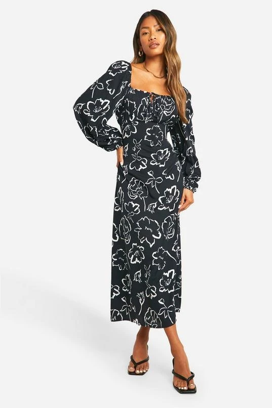 BOOHOO Mono Floral Puff Sleeve Midi Dress 1 BOOHOO Mono Floral Puff Sleeve Midi Dress