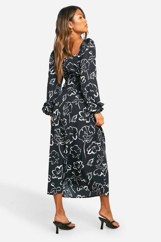 BOOHOO Mono Floral Puff Sleeve Midi Dress 2 BOOHOO Mono Floral Puff Sleeve Midi Dress - Image 2