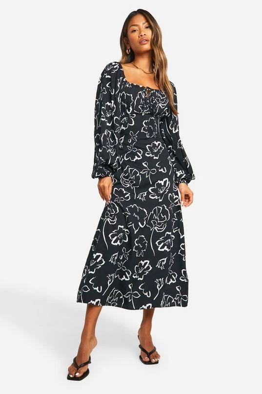 BOOHOO Mono Floral Puff Sleeve Midi Dress 3 BOOHOO Mono Floral Puff Sleeve Midi Dress - Image 3