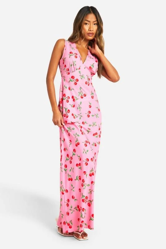 BOOHOO V Neck Cherry Print Maxi Slip Dress 1 BOOHOO V Neck Cherry Print Maxi Slip Dress