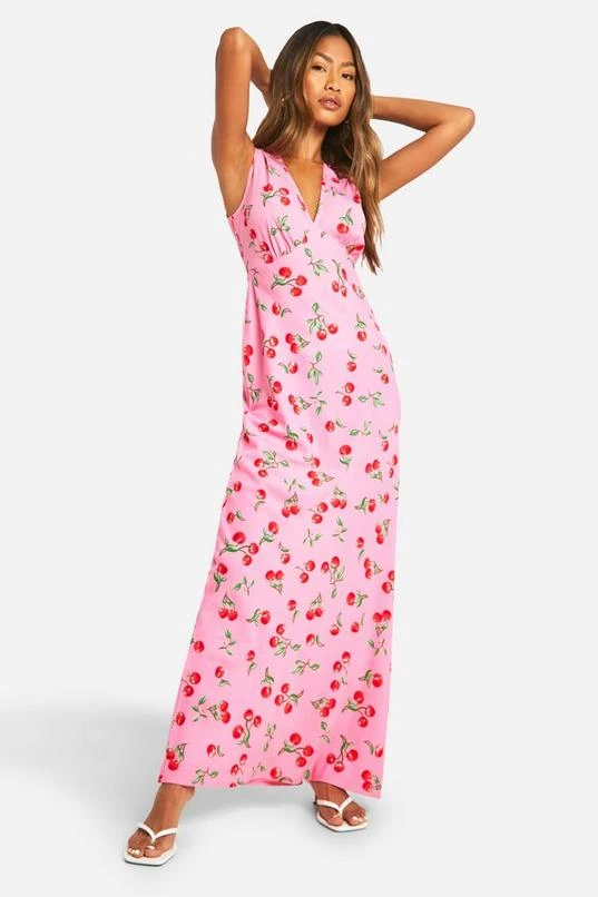 BOOHOO V Neck Cherry Print Maxi Slip Dress 3 BOOHOO V Neck Cherry Print Maxi Slip Dress - Image 3