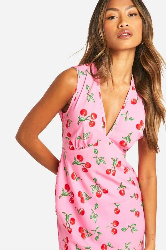 BOOHOO V Neck Cherry Print Maxi Slip Dress 4 BOOHOO V Neck Cherry Print Maxi Slip Dress - Image 4