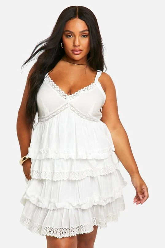 BOOHOO Plus Crochet Trim Tiered Smock Dress 1 BOOHOO Plus Crochet Trim Tiered Smock Dress