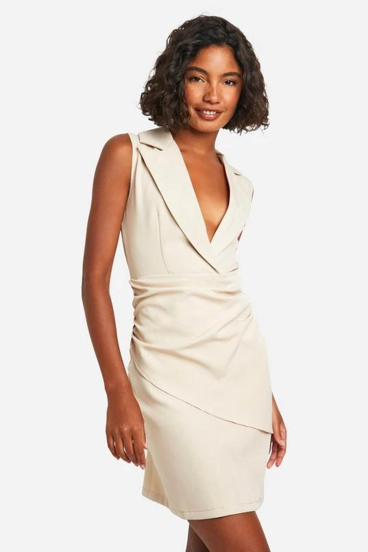 BOOHOO Tall Woven Sleeveless Draped Blazer Dress 1 BOOHOO Tall Woven Sleeveless Draped Blazer Dress