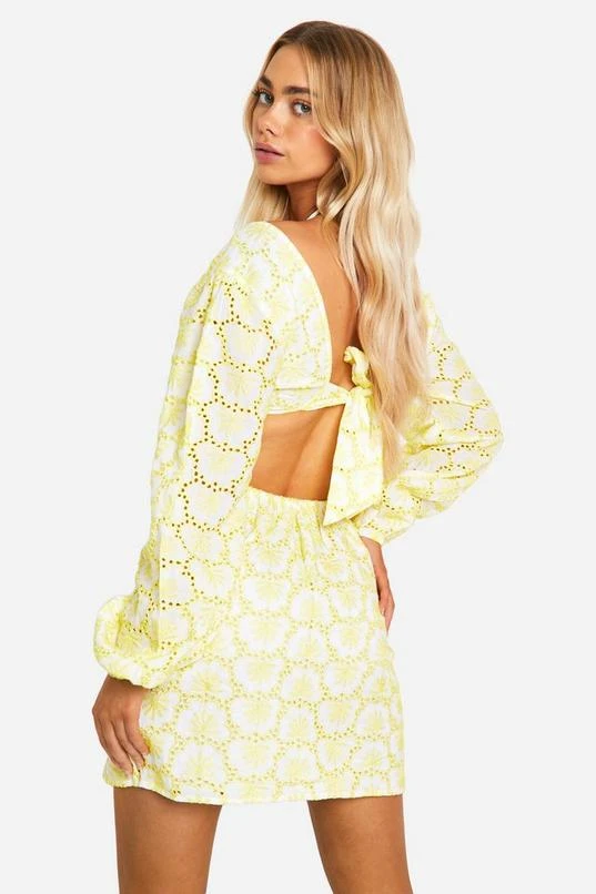 BOOHOO Broderie Tie Back Balloon Sleeve Mini Dress 2 BOOHOO Broderie Tie Back Balloon Sleeve Mini Dress - Image 2