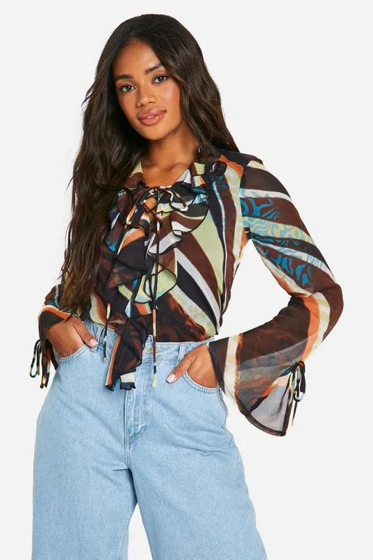 BOOHOO Abstract Chiffon Ruffle Blouse 1 BOOHOO Abstract Chiffon Ruffle Blouse