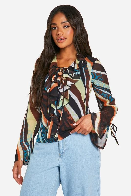 BOOHOO Abstract Chiffon Ruffle Blouse 3 BOOHOO Abstract Chiffon Ruffle Blouse - Image 3