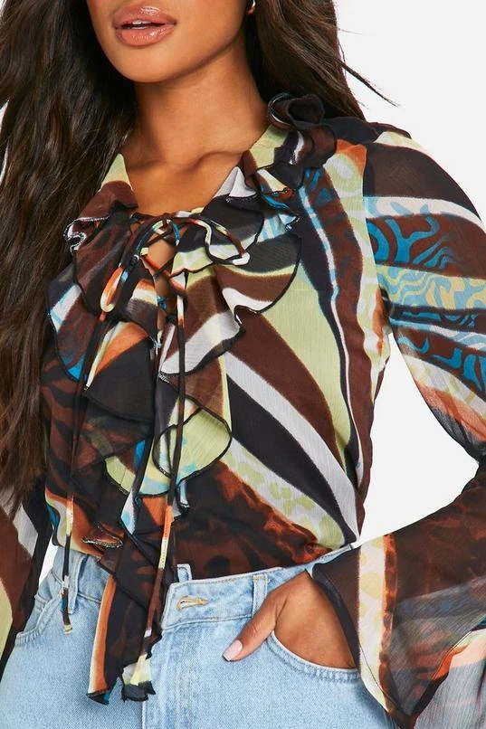 BOOHOO Abstract Chiffon Ruffle Blouse 4 BOOHOO Abstract Chiffon Ruffle Blouse - Image 4