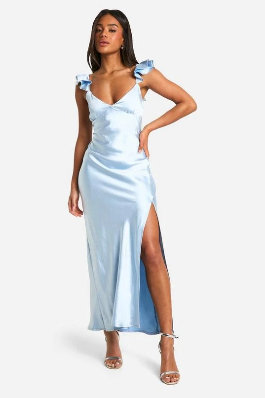 BOOHOO Satin Frill Sleeve Split Maxi Dress 1 BOOHOO Satin Frill Sleeve Split Maxi Dress