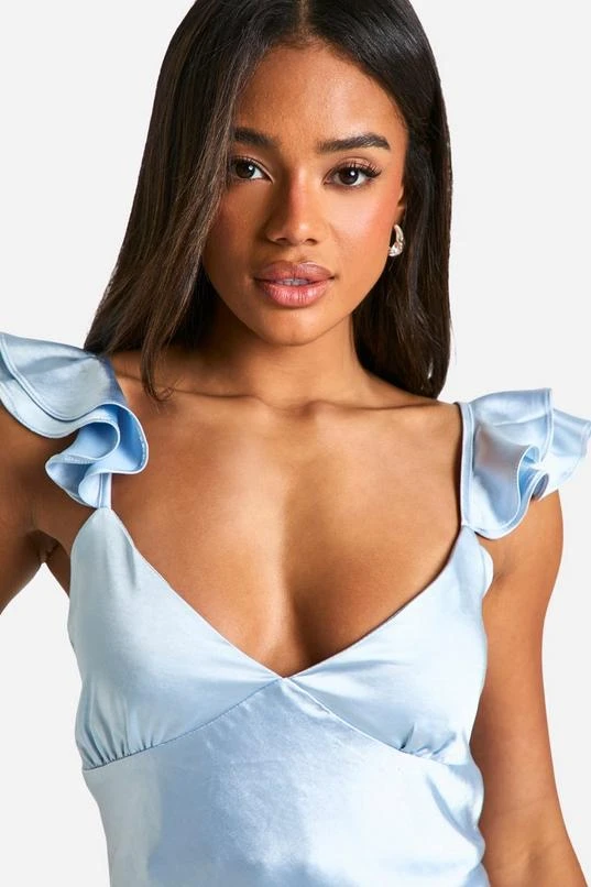 BOOHOO Satin Frill Sleeve Split Maxi Dress 4 BOOHOO Satin Frill Sleeve Split Maxi Dress - Image 4