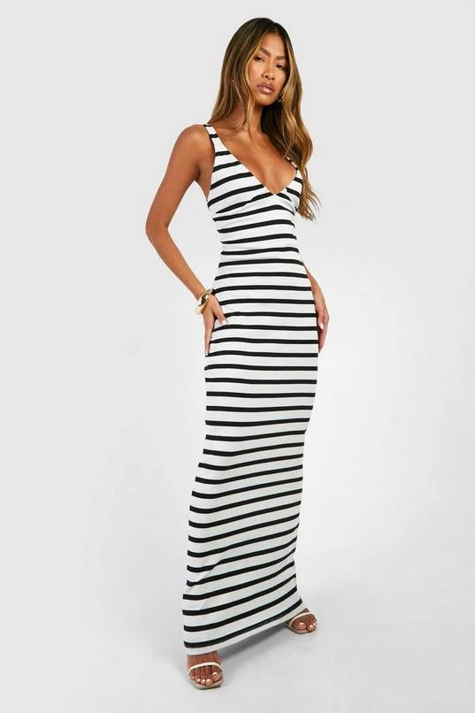 BOOHOO V Neck Plunge Stripe Maxi Dress 1 BOOHOO V Neck Plunge Stripe Maxi Dress