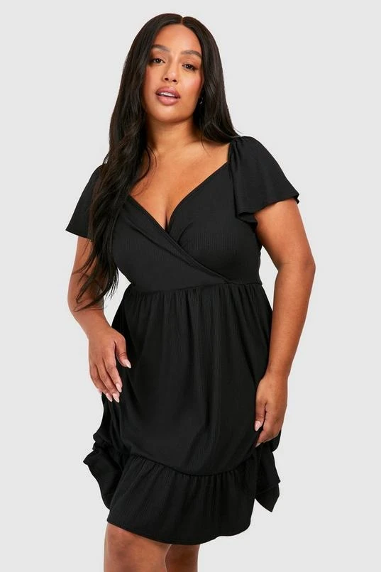 BOOHOO Plus Soft Rib Wrap Tiered Smock Dress 1 BOOHOO Plus Soft Rib Wrap Tiered Smock Dress