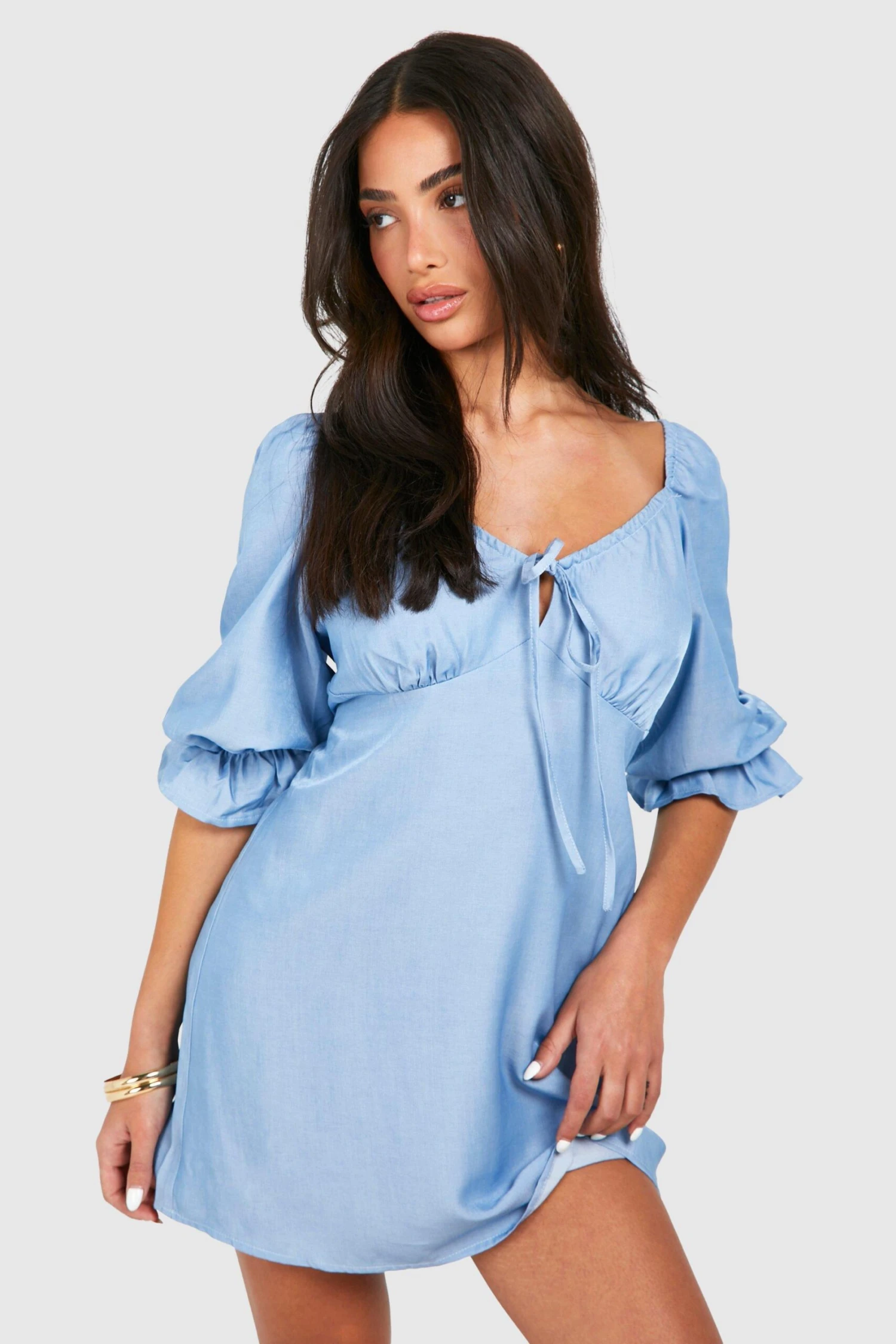 BOOHOO Petite Chambray Tie Front Mini Dress 5 BOOHOO Petite Chambray Tie Front Mini Dress - Image 5
