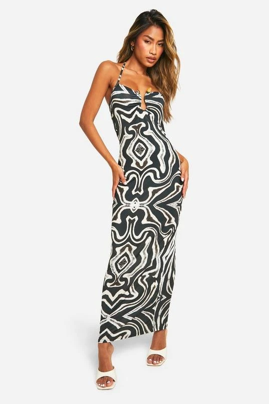 BOOHOO Abstract Print Ruched Maxi Dress 1 BOOHOO Abstract Print Ruched Maxi Dress