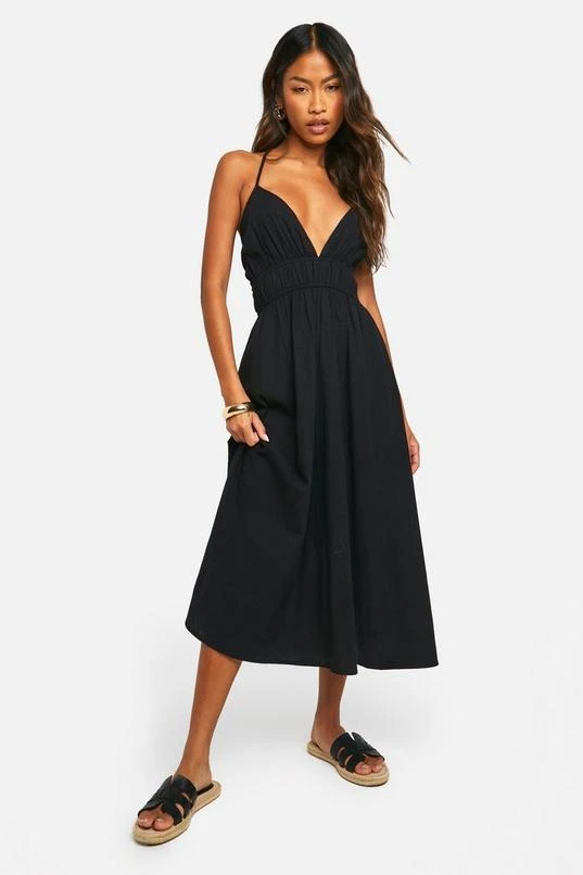 BOOHOO Cotton Blend Plunge Midaxi Dress 1 BOOHOO Cotton Blend Plunge Midaxi Dress