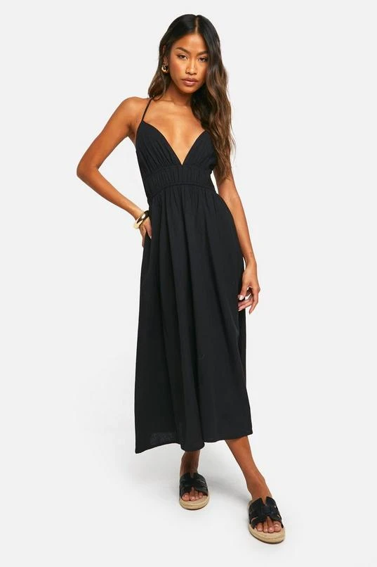 BOOHOO Cotton Blend Plunge Midaxi Dress 3 BOOHOO Cotton Blend Plunge Midaxi Dress - Image 3