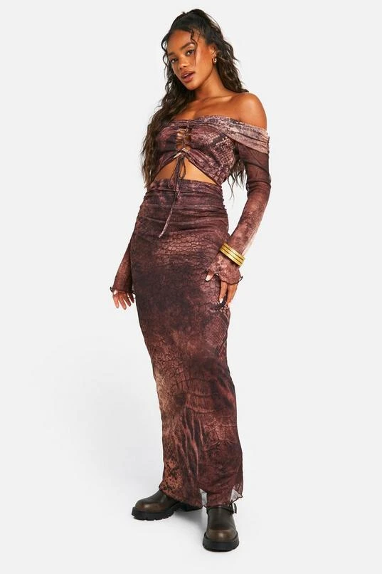 BOOHOO Off The Shoulder Tie Detail Cut Out Snake Print Mesh Maxi Dress 1 BOOHOO Off The Shoulder Tie Detail Cut Out Snake Print Mesh Maxi Dress