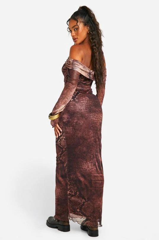 BOOHOO Off The Shoulder Tie Detail Cut Out Snake Print Mesh Maxi Dress 2 BOOHOO Off The Shoulder Tie Detail Cut Out Snake Print Mesh Maxi Dress - Image 2