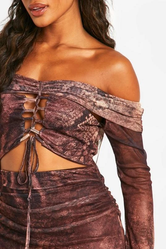 BOOHOO Off The Shoulder Tie Detail Cut Out Snake Print Mesh Maxi Dress 4 BOOHOO Off The Shoulder Tie Detail Cut Out Snake Print Mesh Maxi Dress - Image 4