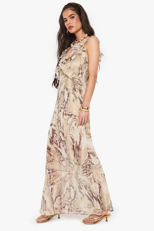 BOOHOO Snake Chiffon Ruffle Maxi Dress 3 BOOHOO Snake Chiffon Ruffle Maxi Dress - Image 3