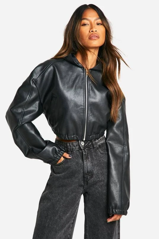 BOOHOO Hooded Faux Leather Bomber Jacket 1 BOOHOO Hooded Faux Leather Bomber Jacket