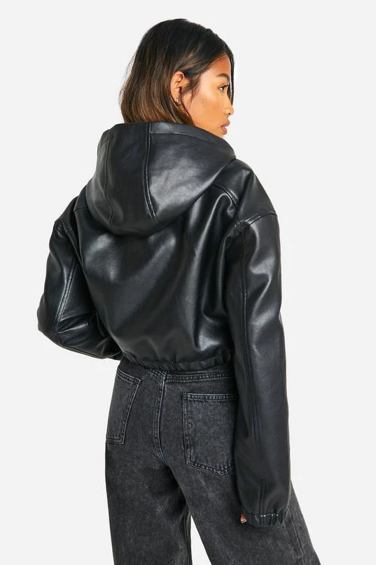 BOOHOO Hooded Faux Leather Bomber Jacket 2 BOOHOO Hooded Faux Leather Bomber Jacket - Image 2
