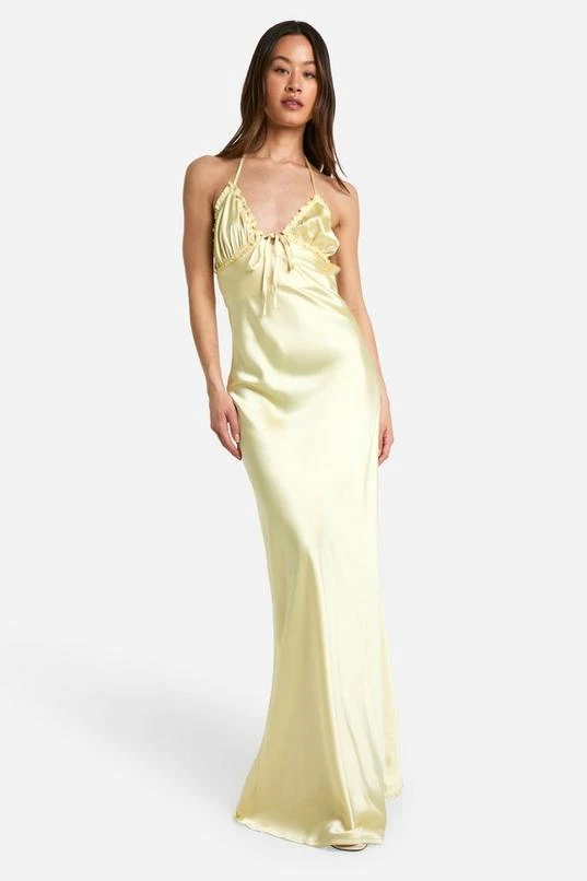 BOOHOO Tall Ruffle Satin Maxi Slip Dress 1 BOOHOO Tall Ruffle Satin Maxi Slip Dress
