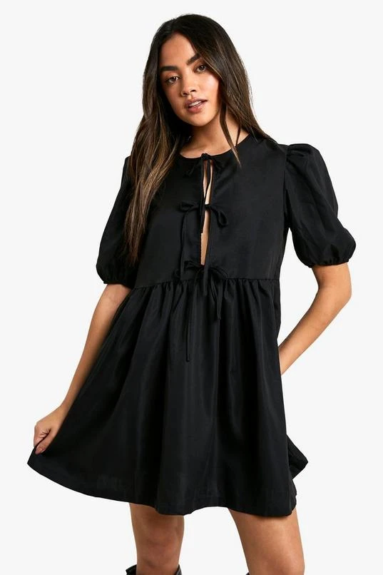 BOOHOO Tie Front Woven Puff Sleeve Mini Dress 1 BOOHOO Tie Front Woven Puff Sleeve Mini Dress