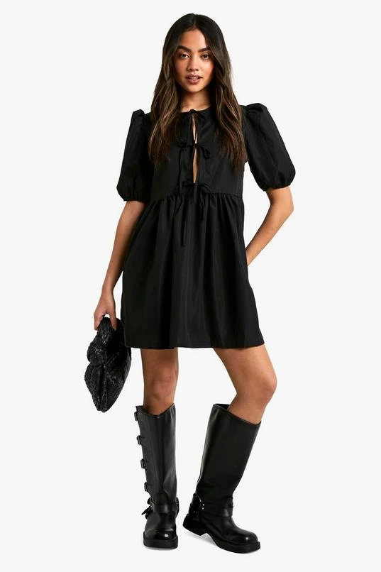 BOOHOO Tie Front Woven Puff Sleeve Mini Dress 3 BOOHOO Tie Front Woven Puff Sleeve Mini Dress - Image 3