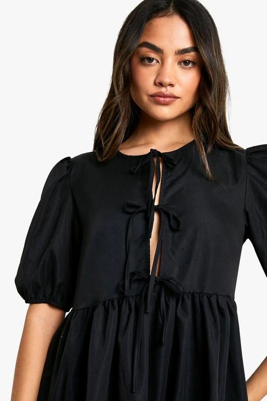 BOOHOO Tie Front Woven Puff Sleeve Mini Dress 4 BOOHOO Tie Front Woven Puff Sleeve Mini Dress - Image 4